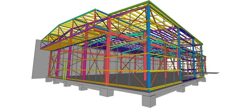 Modélisation 3D de la charpente métallique d'un hangar industriel