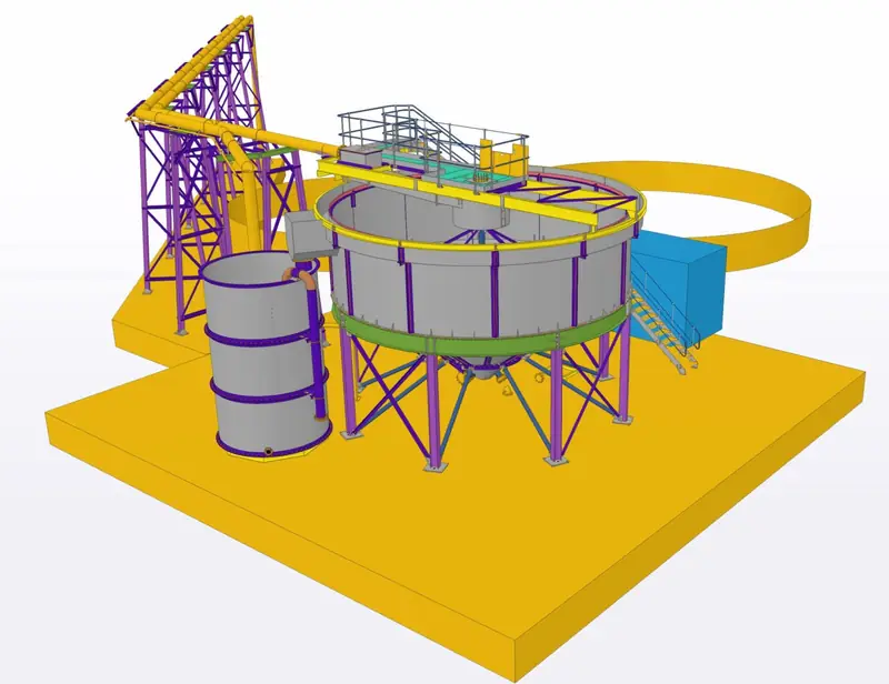 Modélisation 3D d'une cuve sur structure métallique avec passerelle et escalier